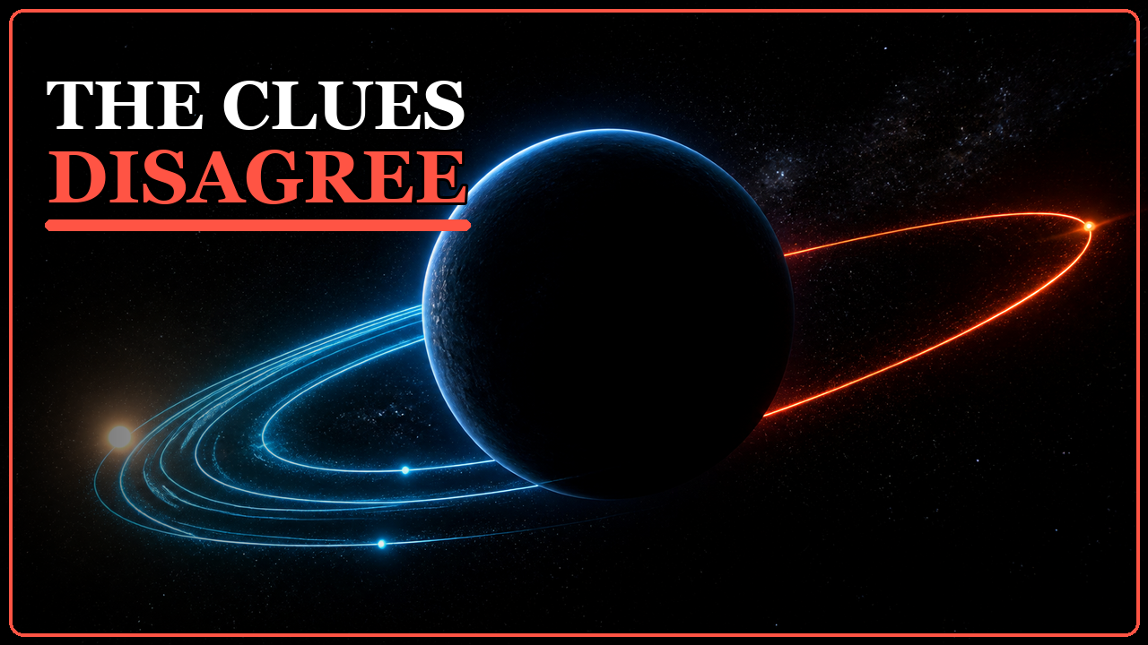 Dark planet surrounded by conflicting blue and orange orbits